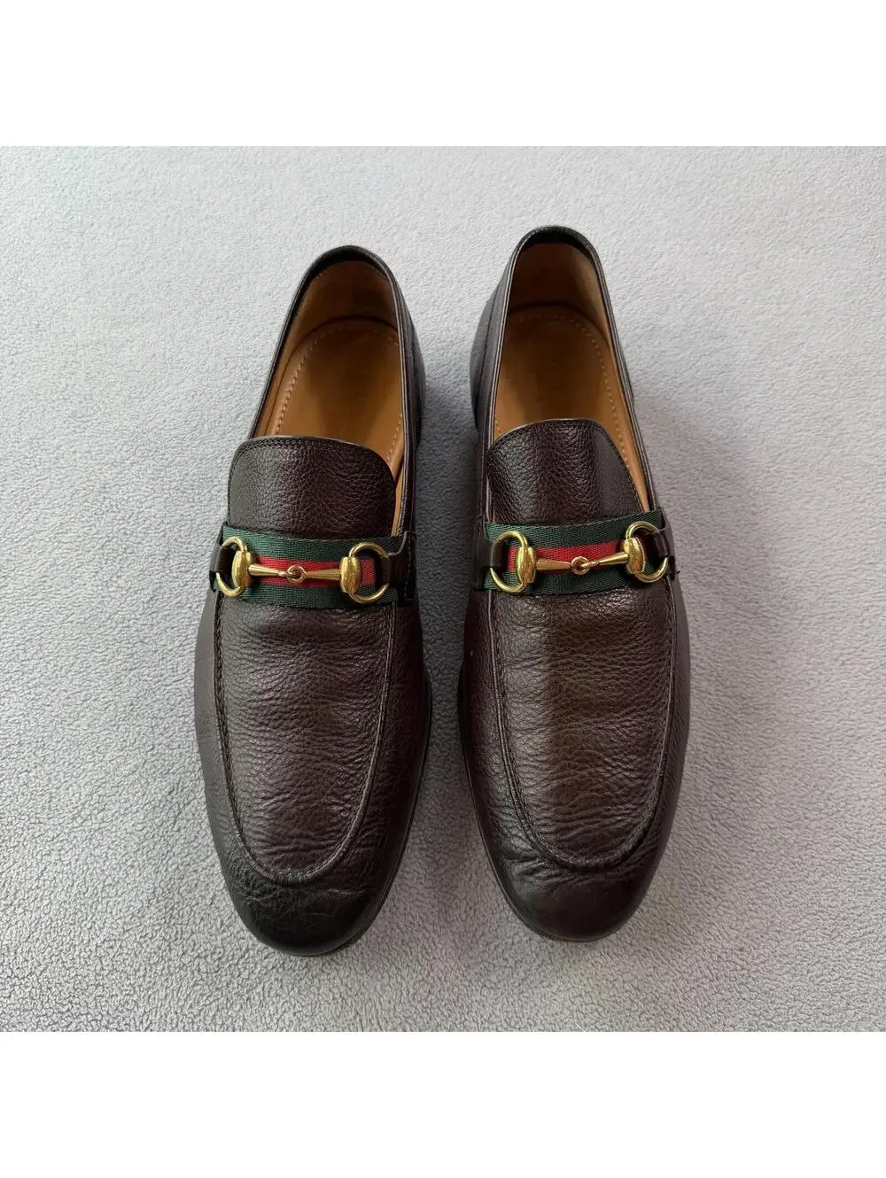 Gucci Horsebit Web Stripe Brown Pebbled Leather Loafers Mens US 7 Made in Italy
